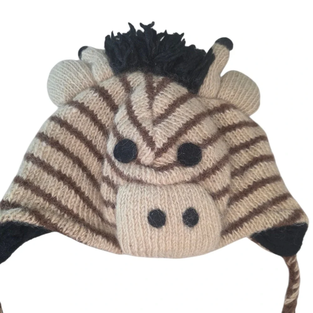 Kids 100% Wool Zebra Animal Beanie Hat Braided Chin Ties Pom Poms Brown